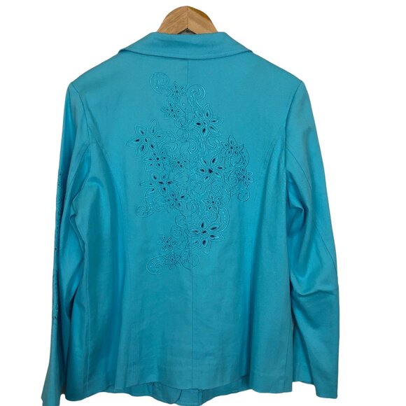 Vtg Y2K Susan Graver Turquoise Embroidered Cotton Blazer Jacket Women’s Medium - Picture 1 of 10